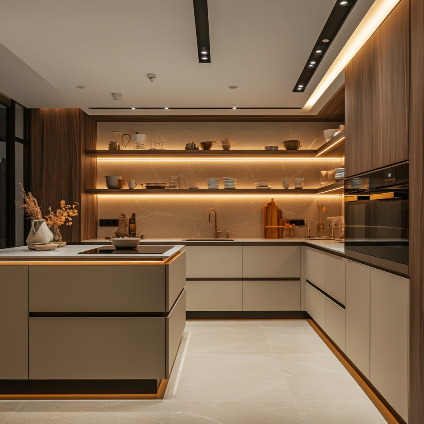 Modern kitchen with under-cabinet LED lighting and marble countertops, complementing the black and wood cabinetry.