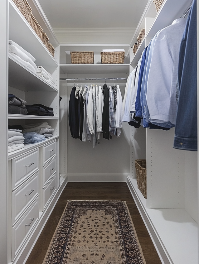Small walk-in closet featuring white shelving, neatly folded clothes, a hanging section, and wicker baskets for storage.
