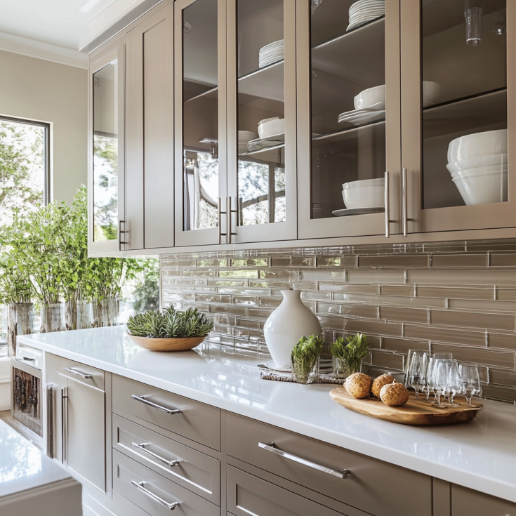 Taupe brown kitchen cabinets with glass inserts and glossy backsplash in a bright, modern kitchen