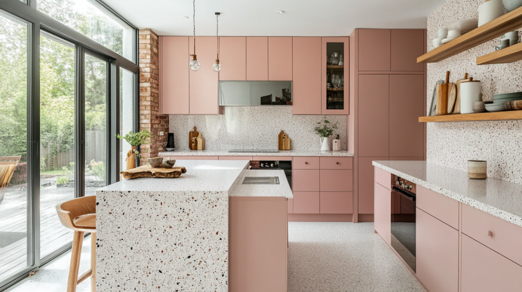 Matte pink cabinets with terrazzo island and natural wood details