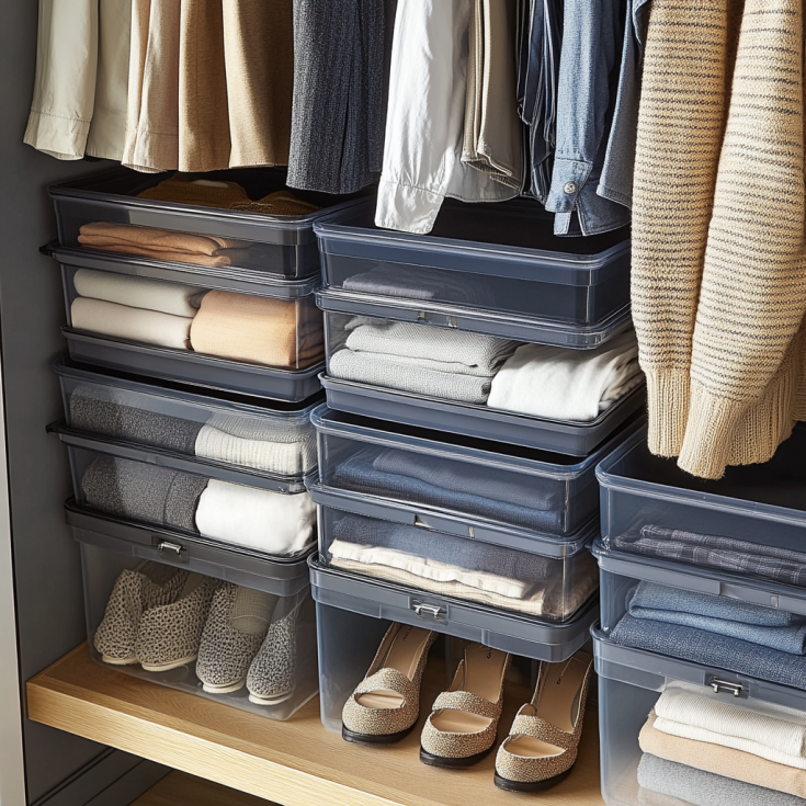 Closet showing upper and lower storage with bins and hanging clothes