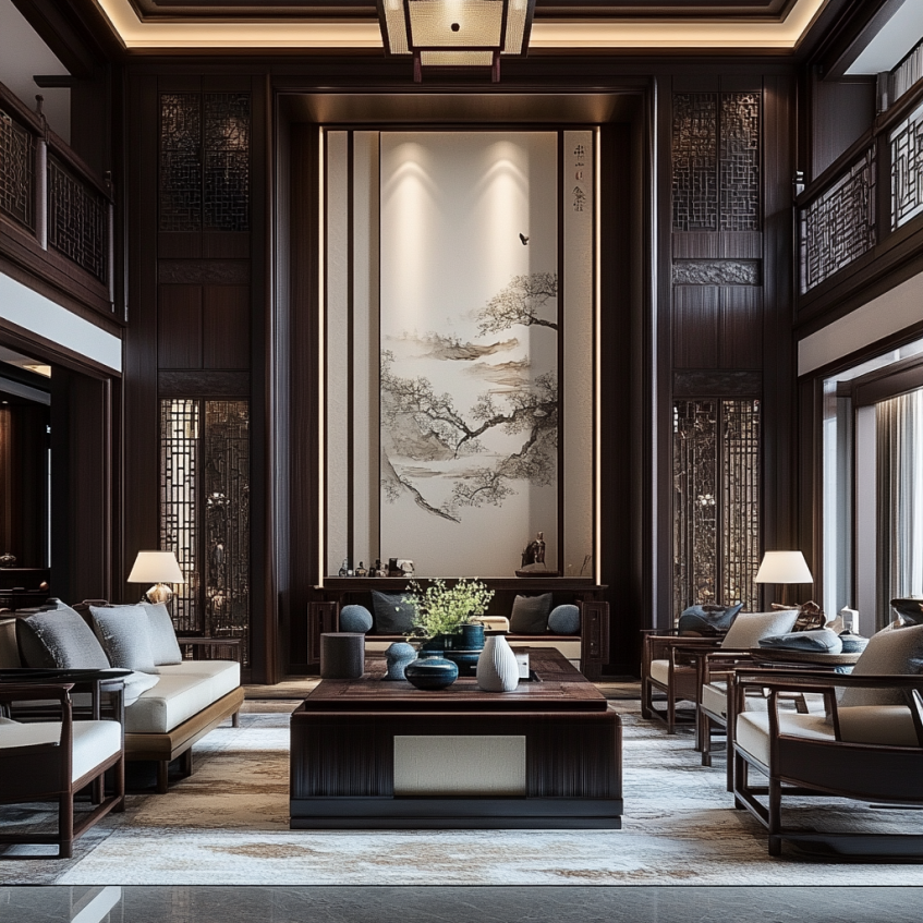Traditional Chinese style villa living room featuring dark wood furniture, elegant décor, and a large mural with a landscape painting, creating a serene and sophisticated atmosphere.
