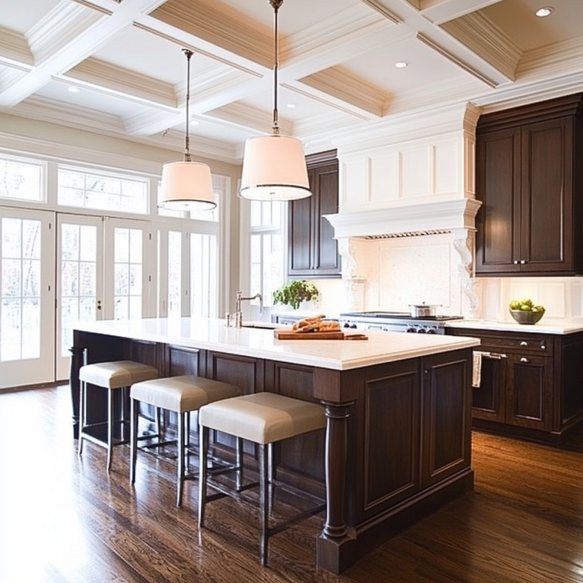 Transitional kitchen with dark brown island, white base cabinets, and stainless steel range hood