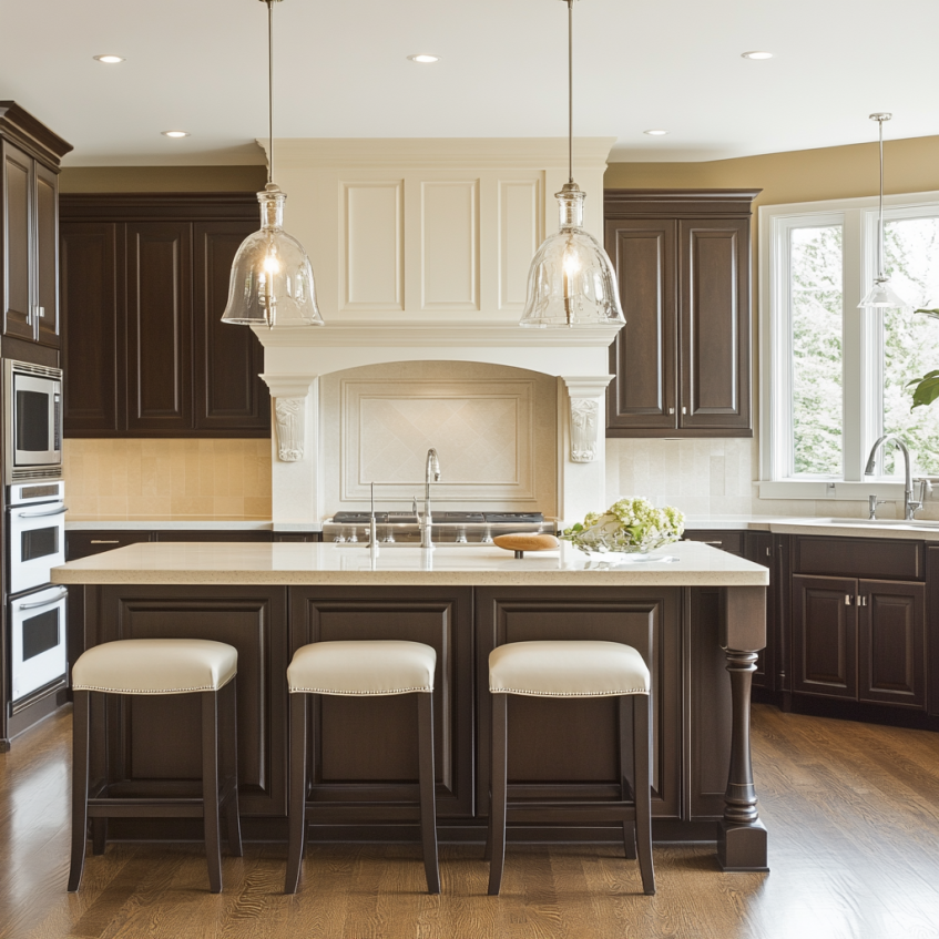 Traditional kitchen with dark brown island cabinets, white perimeter trim, and ornate cream range hood