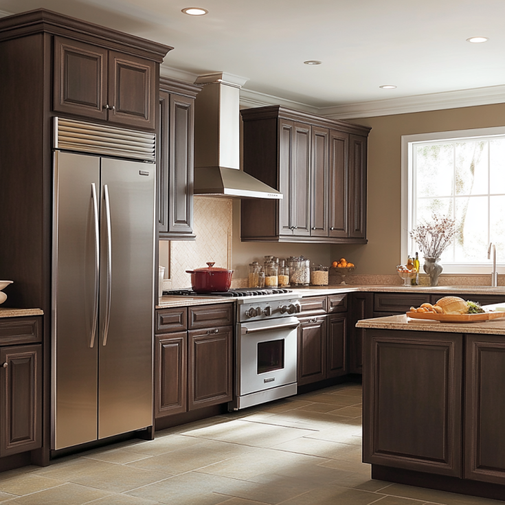 Mocha raised panel kitchen cabinets with stainless appliances and beige walls