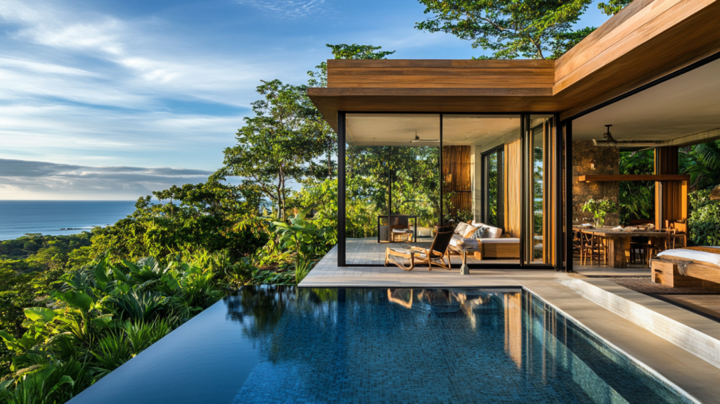 Tropical ocean villa with expansive windows, a private pool, and natural wood accents, offering stunning views of lush greenery and the ocean.