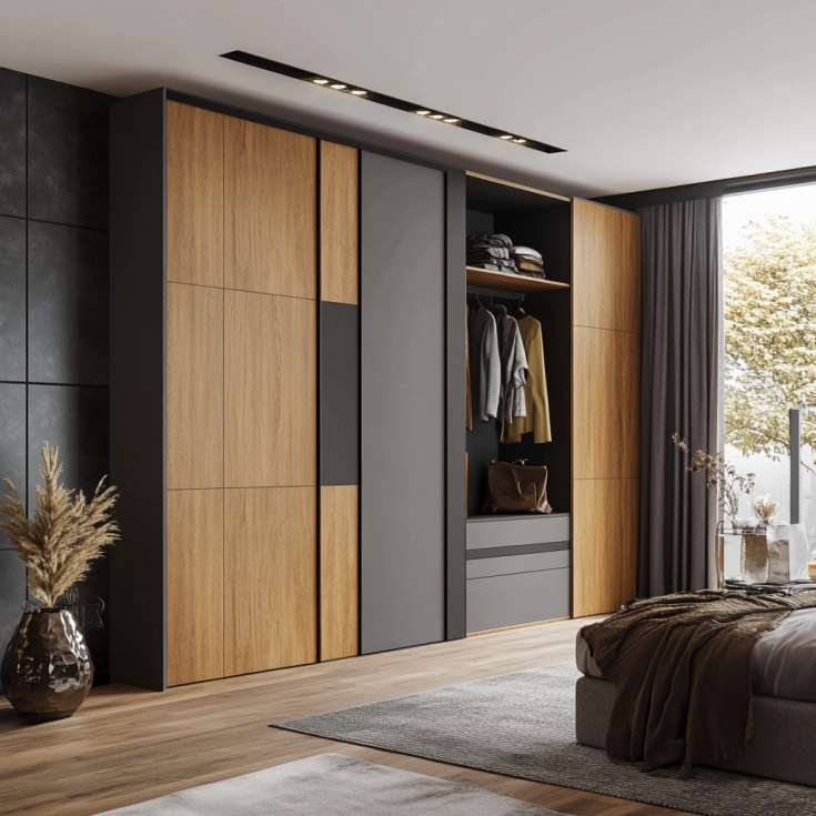 Modern closet with two-tone panels in wood and matte gray