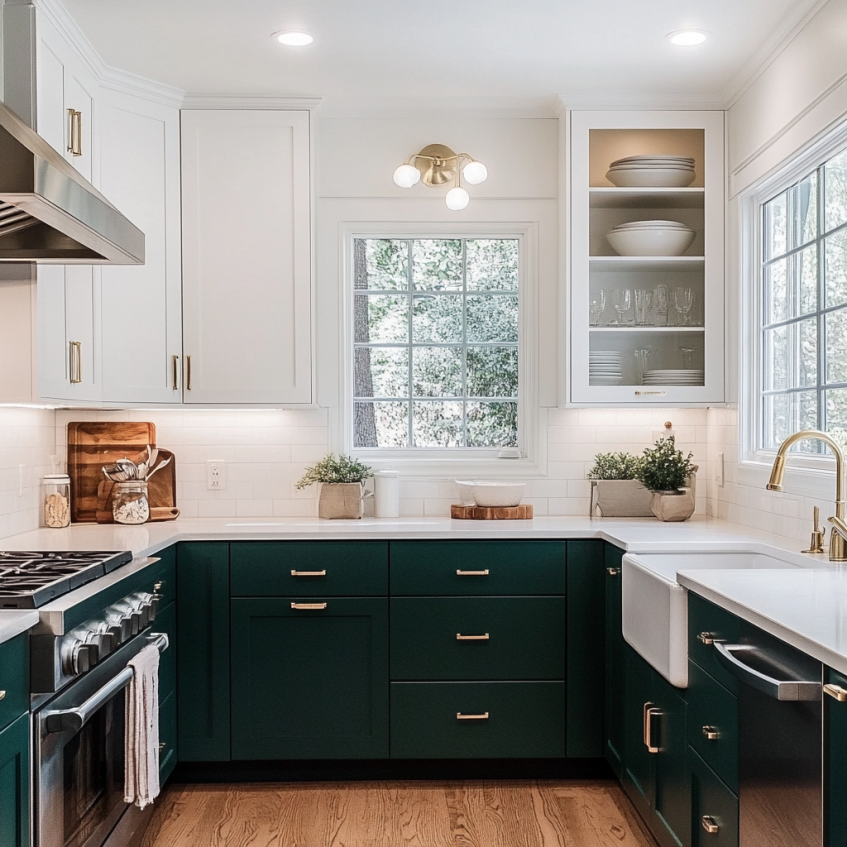 Modern kitchen with two-tone cabinets, dark green lowers and white uppers, gold hardware