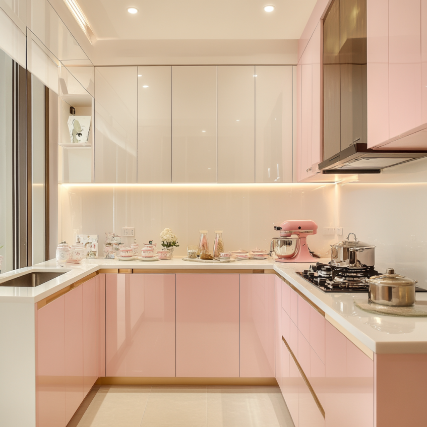 Pink lower cabinets with white upper cabinets and marble countertop