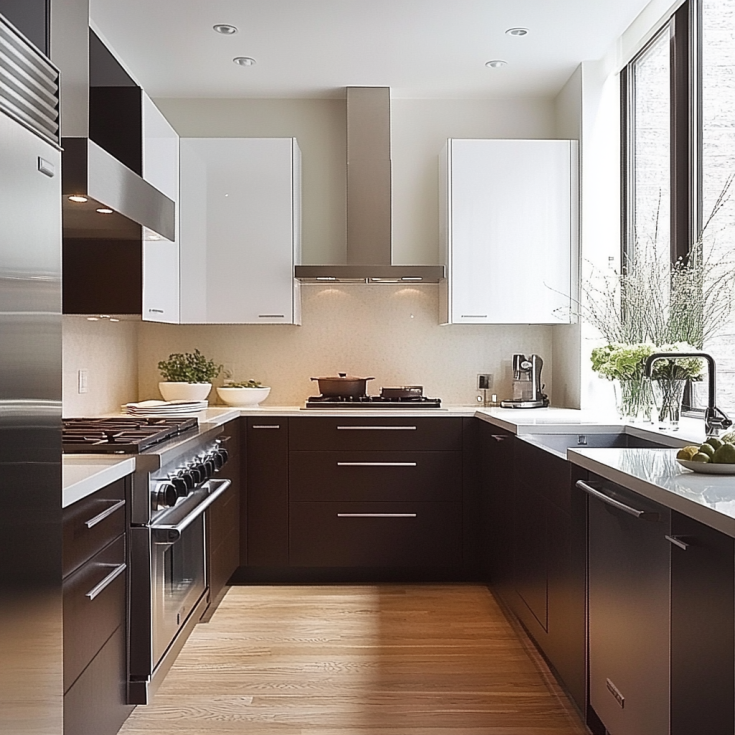 Contemporary two-tone kitchen with white upper and dark brown lower cabinets
