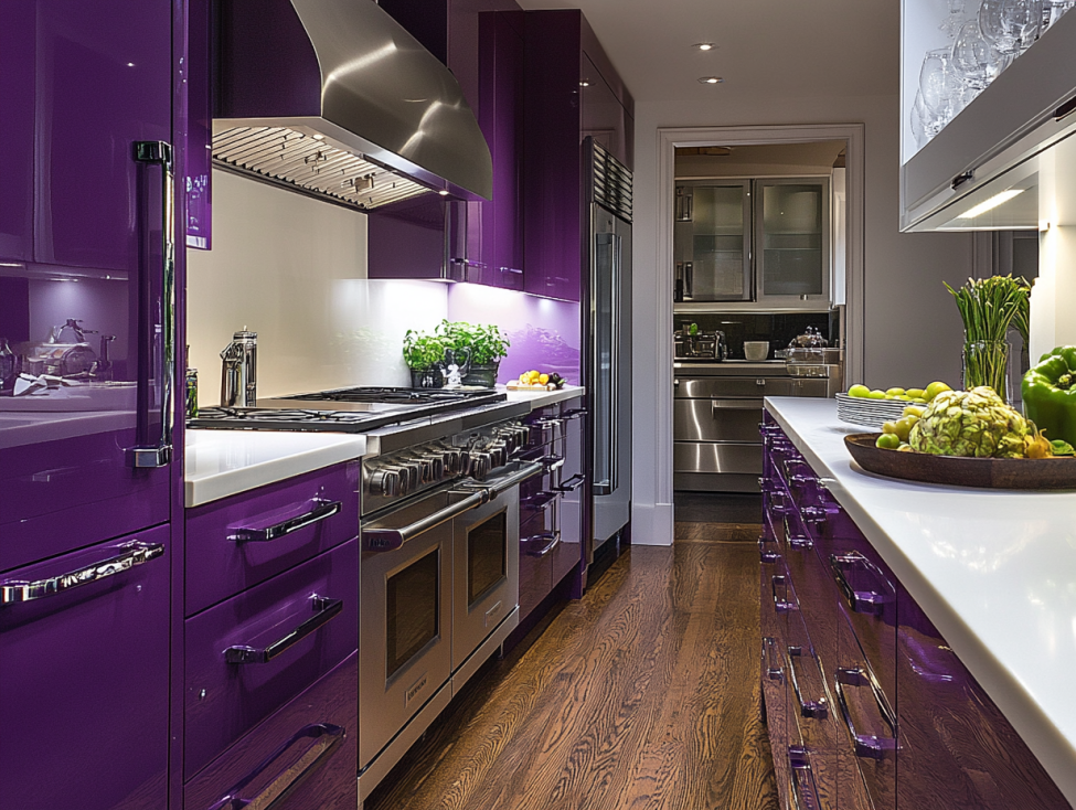 Kitchen with purple base cabinets and white upper cabinets for a balanced look.