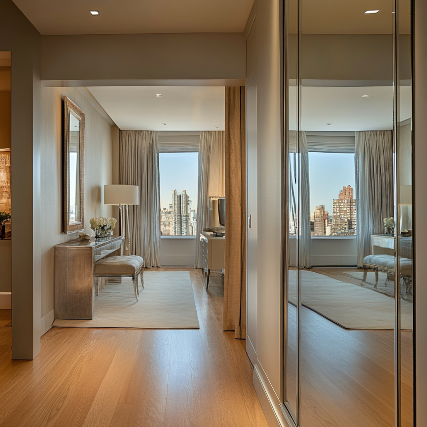mirrored hallway in a luxury apartment with warm lighting and city view