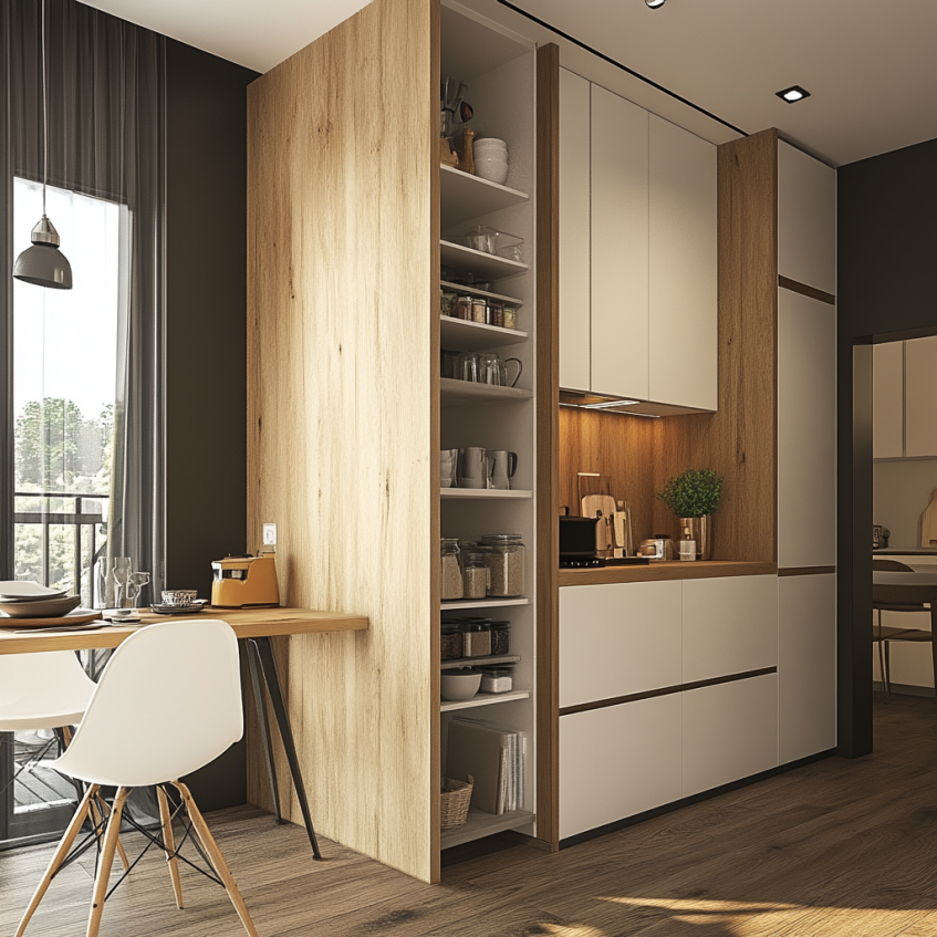 compact modern kitchen with vertical open shelving and natural wood accents