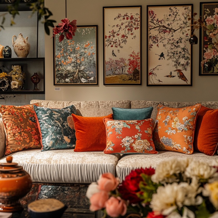 Elegant living room with floral pillows and artwork adding vibrancy to the sofa.