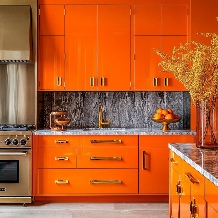 Vibrant orange cabinets with gold handles, gray stone backsplash, and stainless steel appliances.