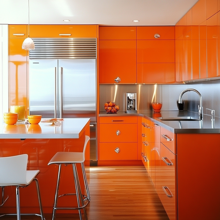 Contemporary orange kitchen with stainless steel appliances and orange bowls.