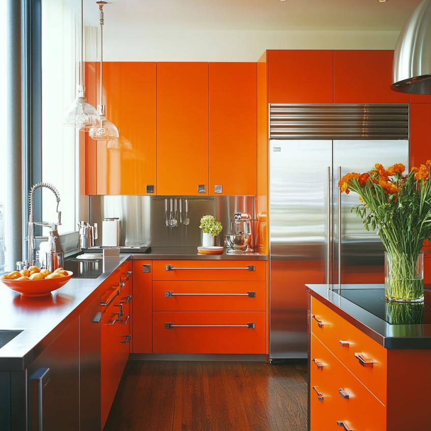 Vibrant orange kitchen with sleek stainless steel appliances and modern design.