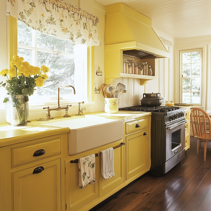 Vintage-inspired yellow kitchen with classic cabinetry and charming details, offering timeless appeal.