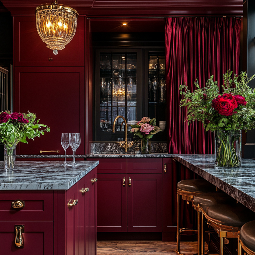 Elegant burgundy kitchen with gold hardware and marble countertops