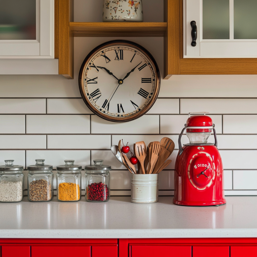 Red kitchen counter with large Roman numeral clock and spice jars