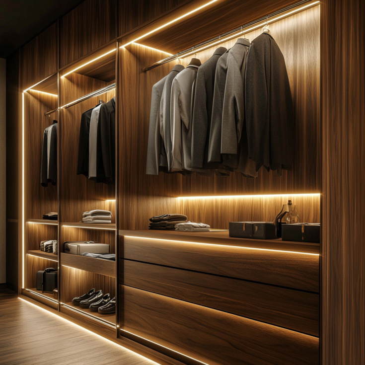 Modern built-in walnut closet with LED lighting and open shelving for suits and shoes