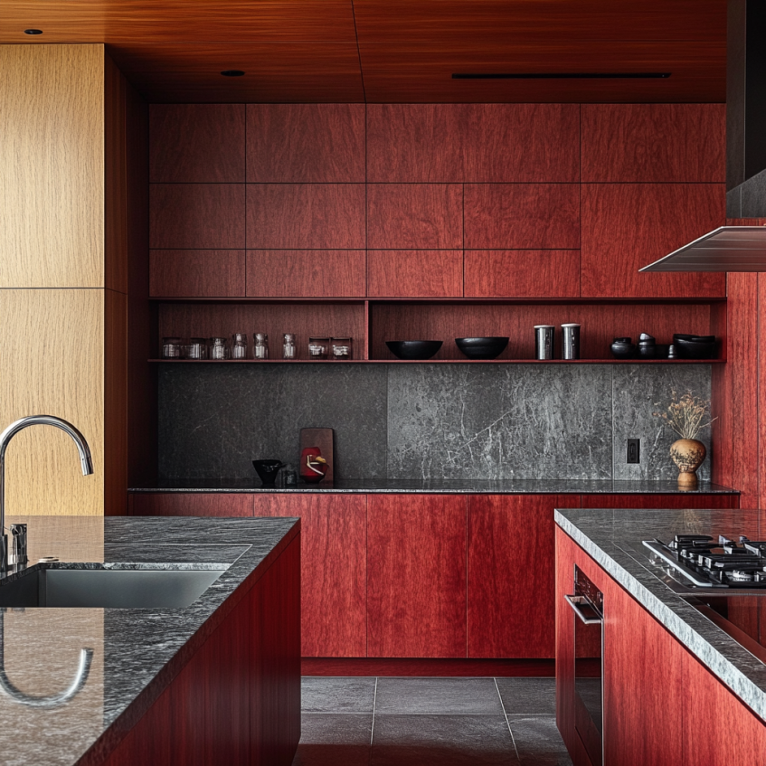 Red wood veneer kitchen with gray marble backsplash and open shelves