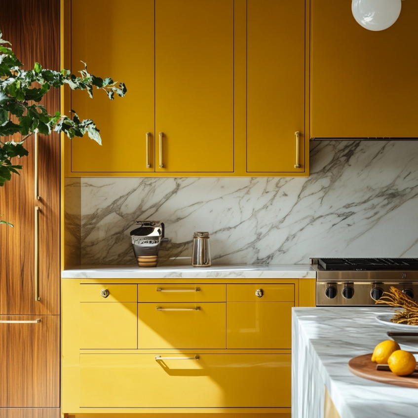 Warm yellow kitchen cabinets with brass handles, exuding luxury and style.