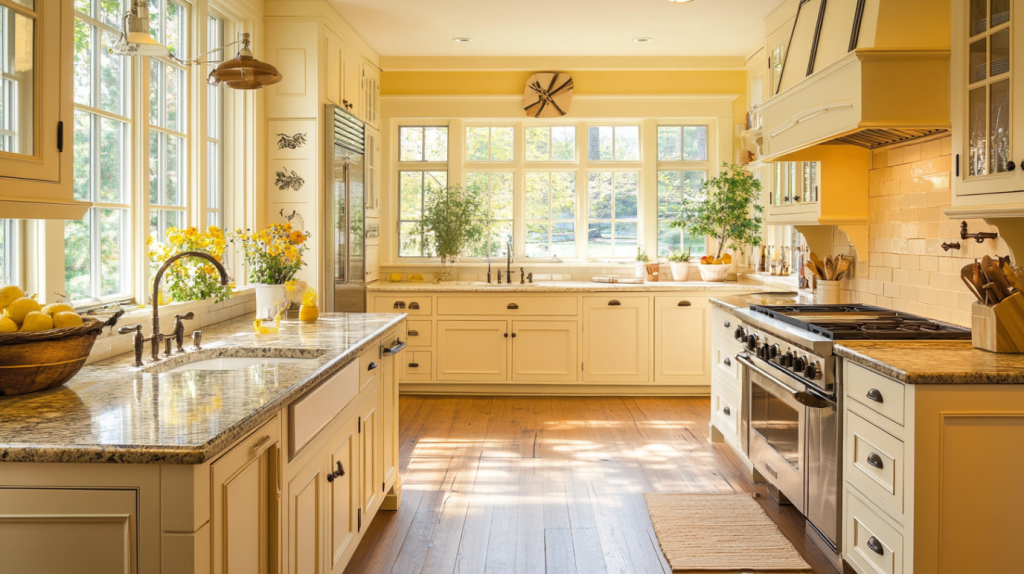 Bright and inviting yellow kitchen with large windows, granite countertops, and wooden floors, creating a warm and welcoming atmosphere.