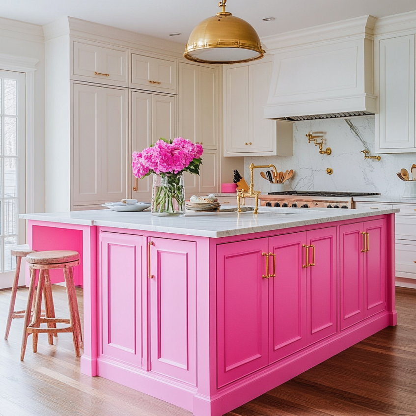 Bright white kitchen with bold pink island and gold hardware