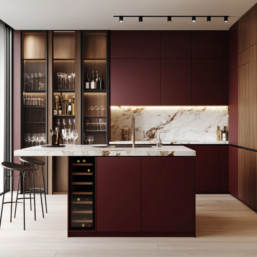 Wine red kitchen with marble backsplash and integrated wine storage