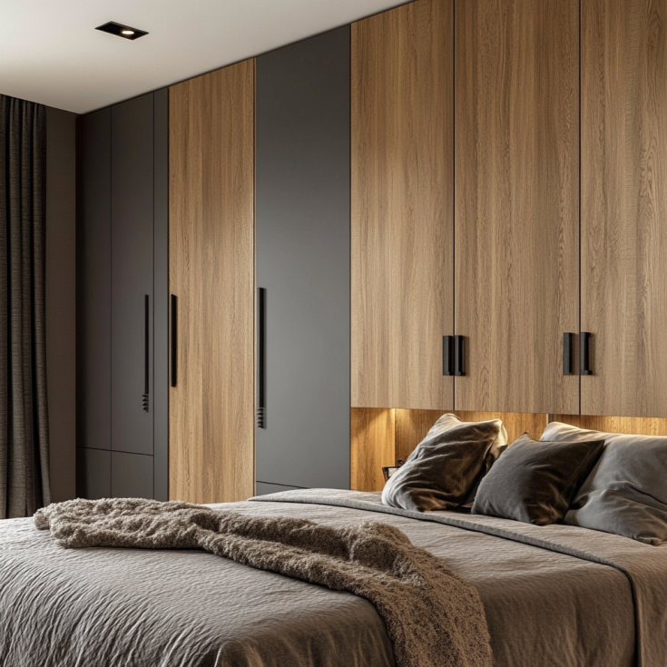 Wardrobe with wooden panels and gray interiors in a modern bedroom.