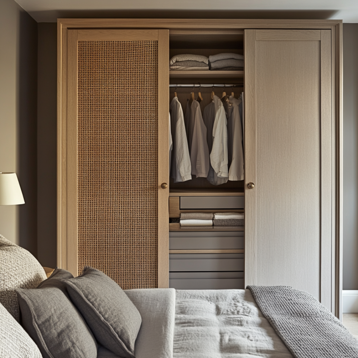 Sliding wardrobe with one woven rattan panel and one light wood panel in a modern bedroom.