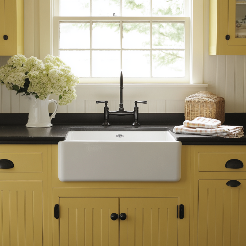 Farmhouse sink paired with yellow kitchen cabinets, creating a cozy and welcoming atmosphere.