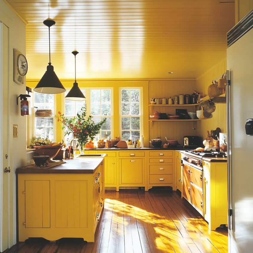 Larger kitchen with yellow cabinetry, enhanced by plenty of natural sunlight, creating an open and bright atmosphere.