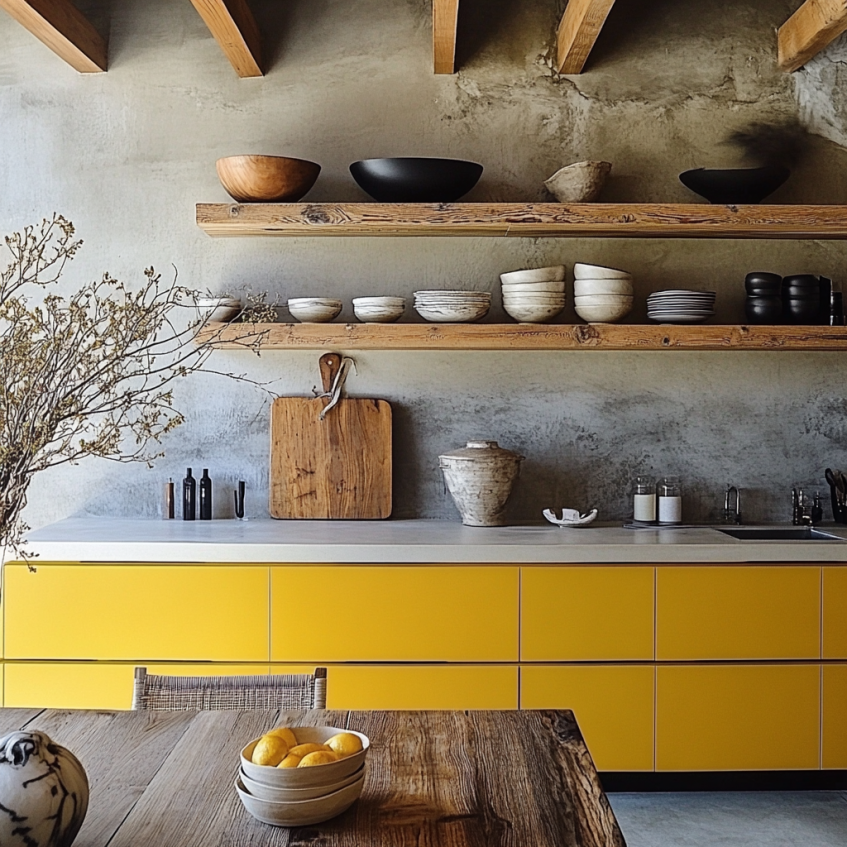Wooden open shelving alongside bright yellow kitchen cabinets, bringing style and function to the space.