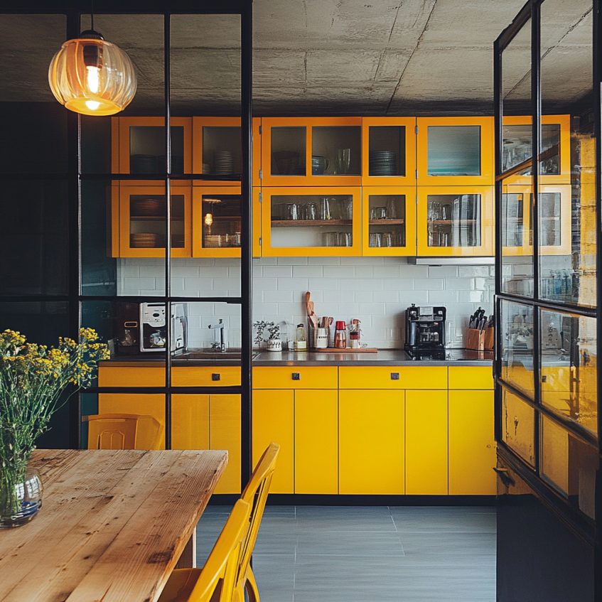 Yellow glass door cabinets bring a retro touch and airy feel to the kitchen.