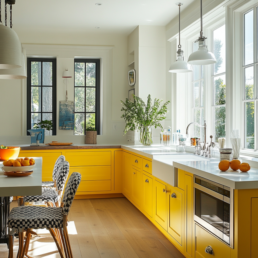 Yellow lower cabinets paired with white upper cabinets, brightening up the kitchen with a fresh, airy look.