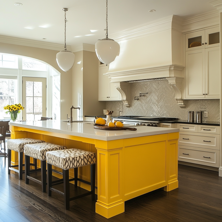 Yellow kitchen island becomes the focal point of the kitchen, adding vibrant style and functionality.