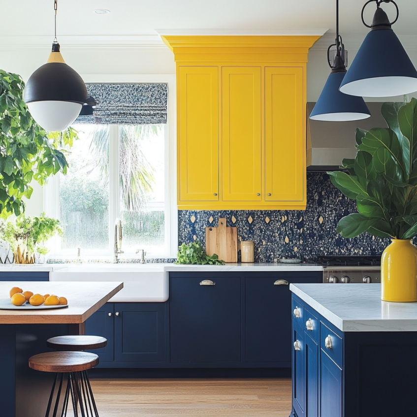 Yellow upper cabinets and navy blue lower cabinets create a striking contrast in the kitchen.