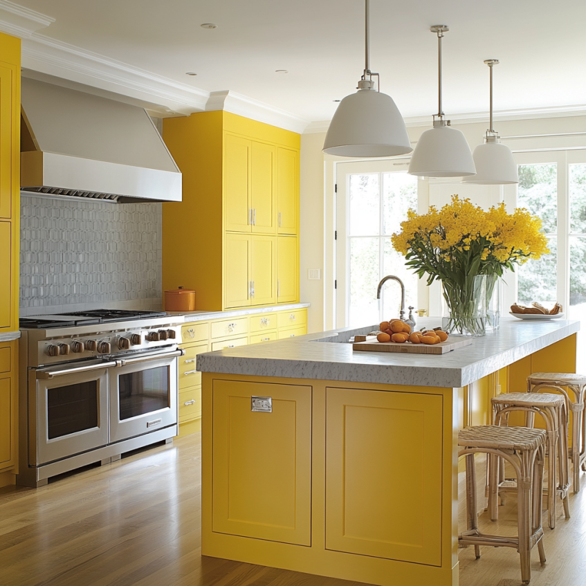 Yellow kitchen cabinets paired with gray tones, creating a calming and balanced kitchen design.