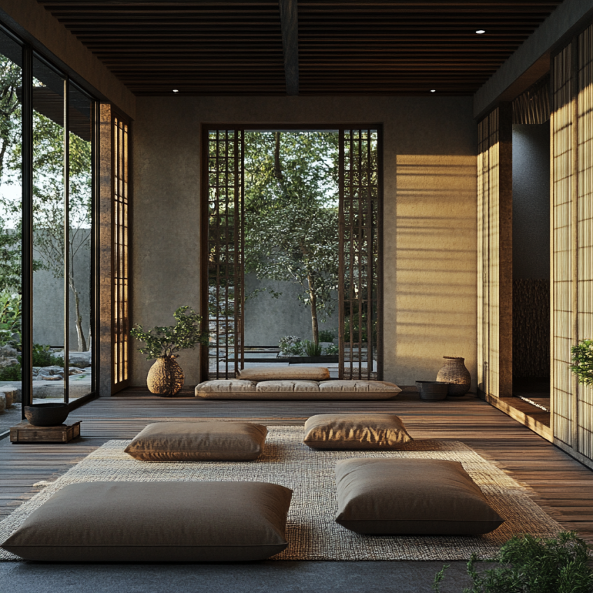 Zen-inspired sunrise villa living room featuring minimalistic furniture, soft lighting, and an open layout, creating a tranquil and serene atmosphere.