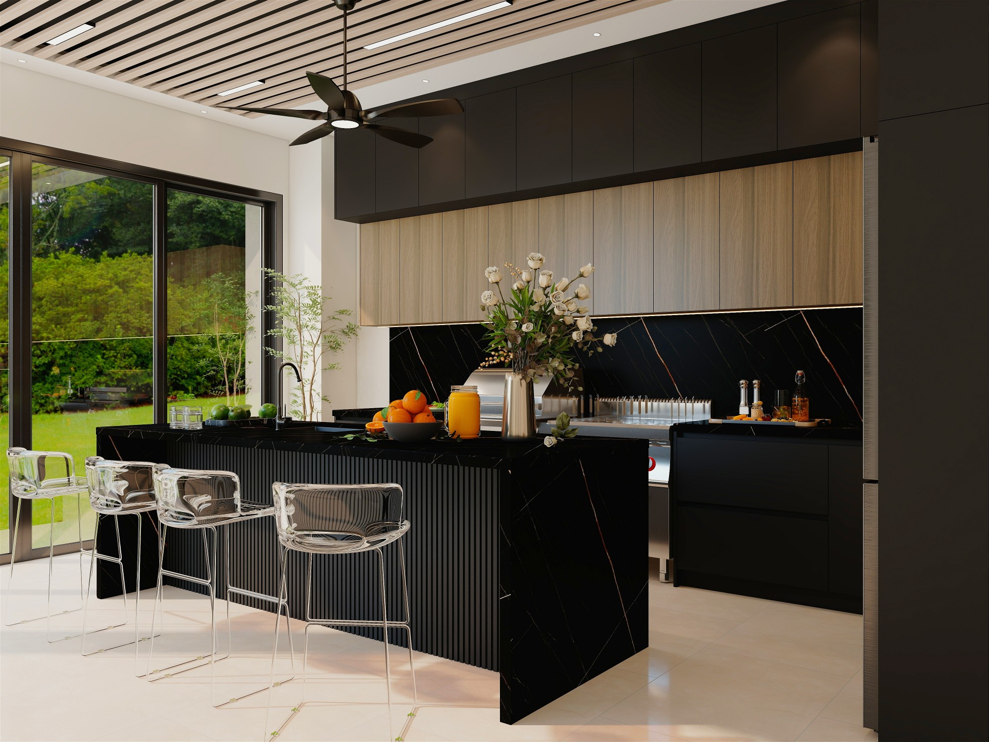 A modern kitchen with black and wood two-tone cabinets, marble countertops, and a sleek design, ideal for both style and investment value.