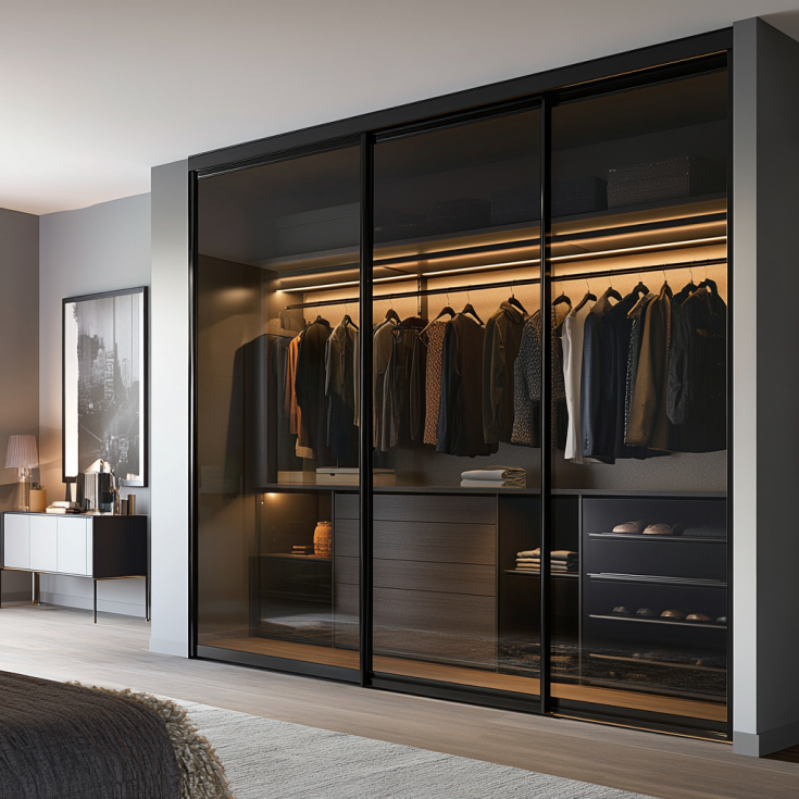 Modern bedroom closet with black-framed glass doors and interior LED lighting