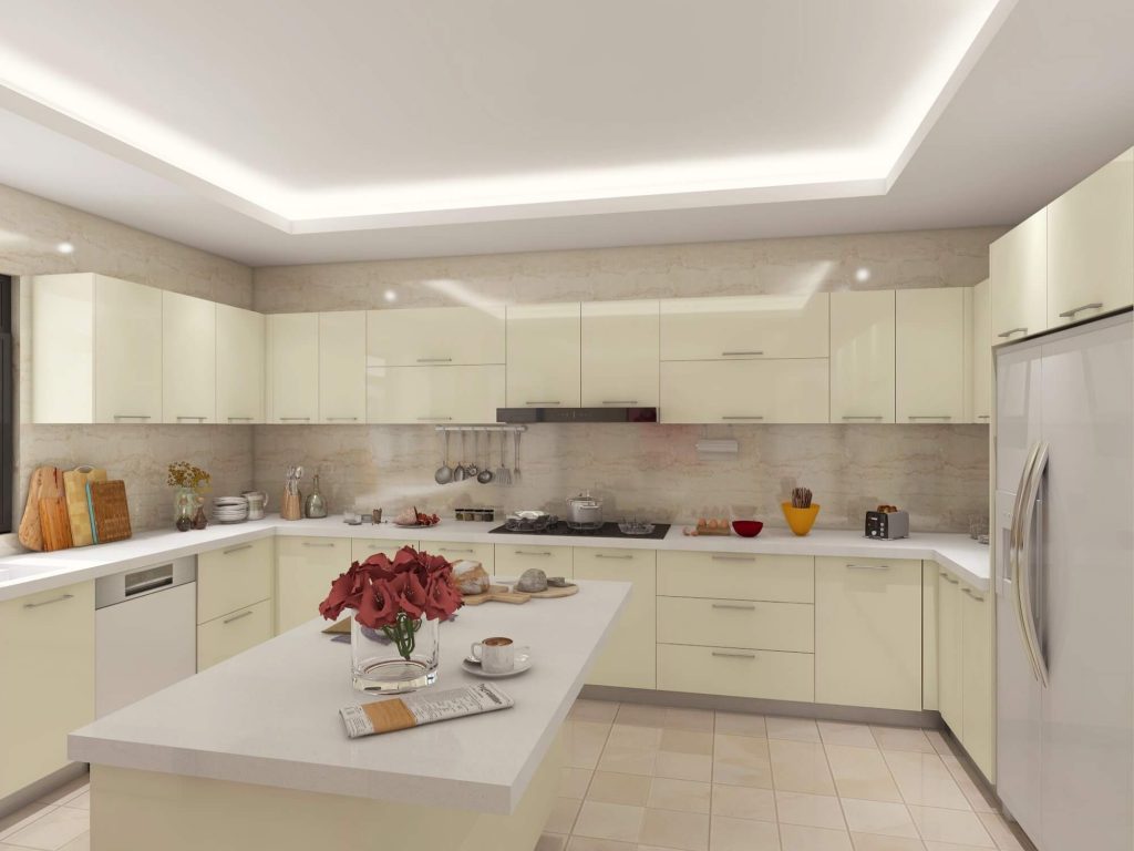A kitchen featuring butter yellow cabinets with white countertops, creating a cheerful and warm atmosphere.