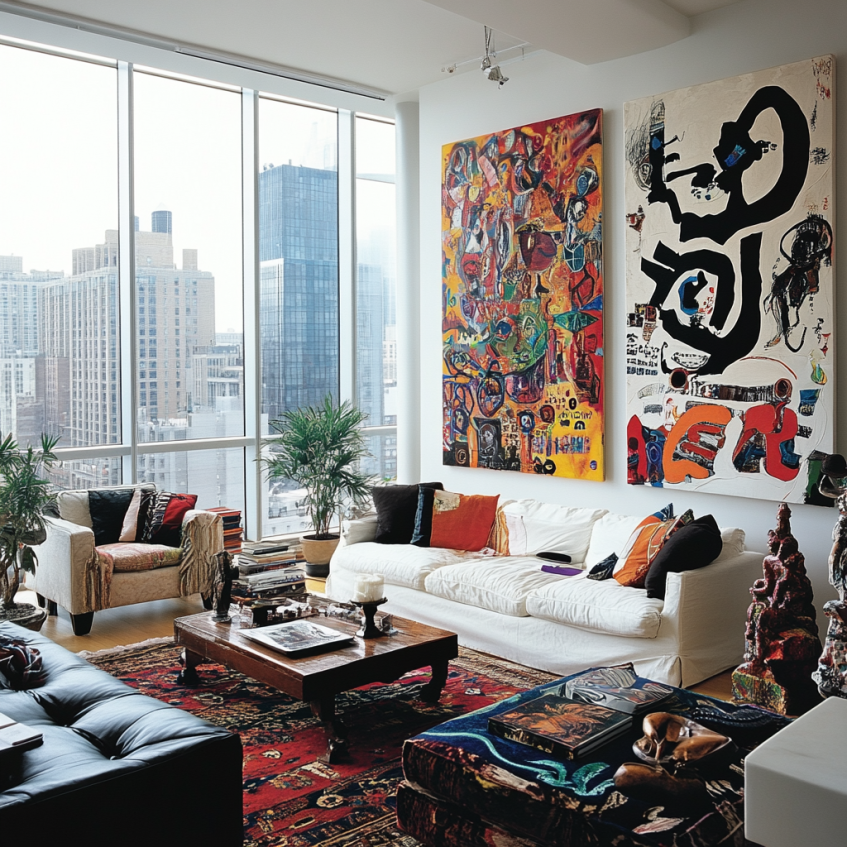 colorful living room with artistic wall paintings and eclectic furniture in modern apartment interior design