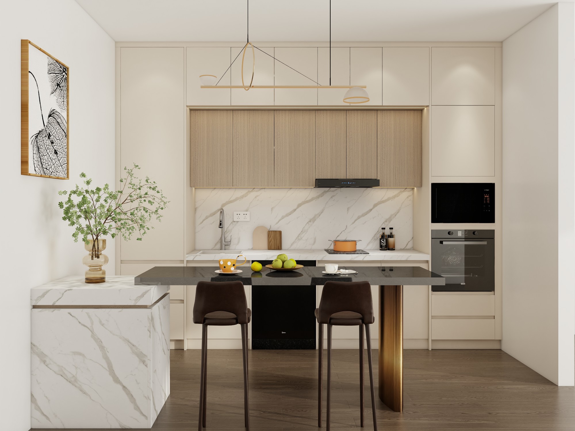 A kitchen with cream-colored cabinets, marble countertops, and wooden accents, creating a warm, inviting atmosphere.