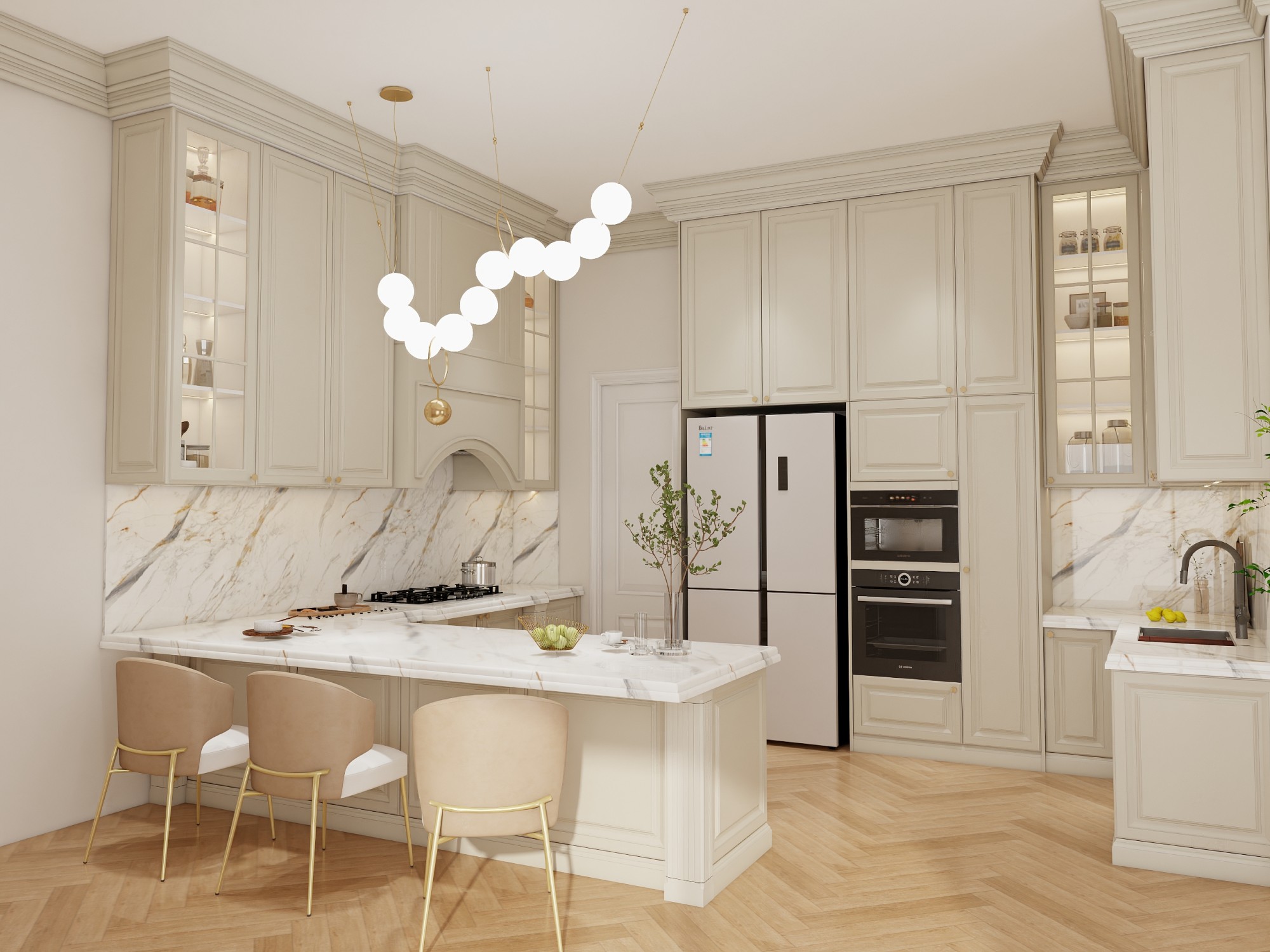 A kitchen with cream-colored cabinets, marble countertops, and soft natural lighting, creating a warm and inviting atmosphere.