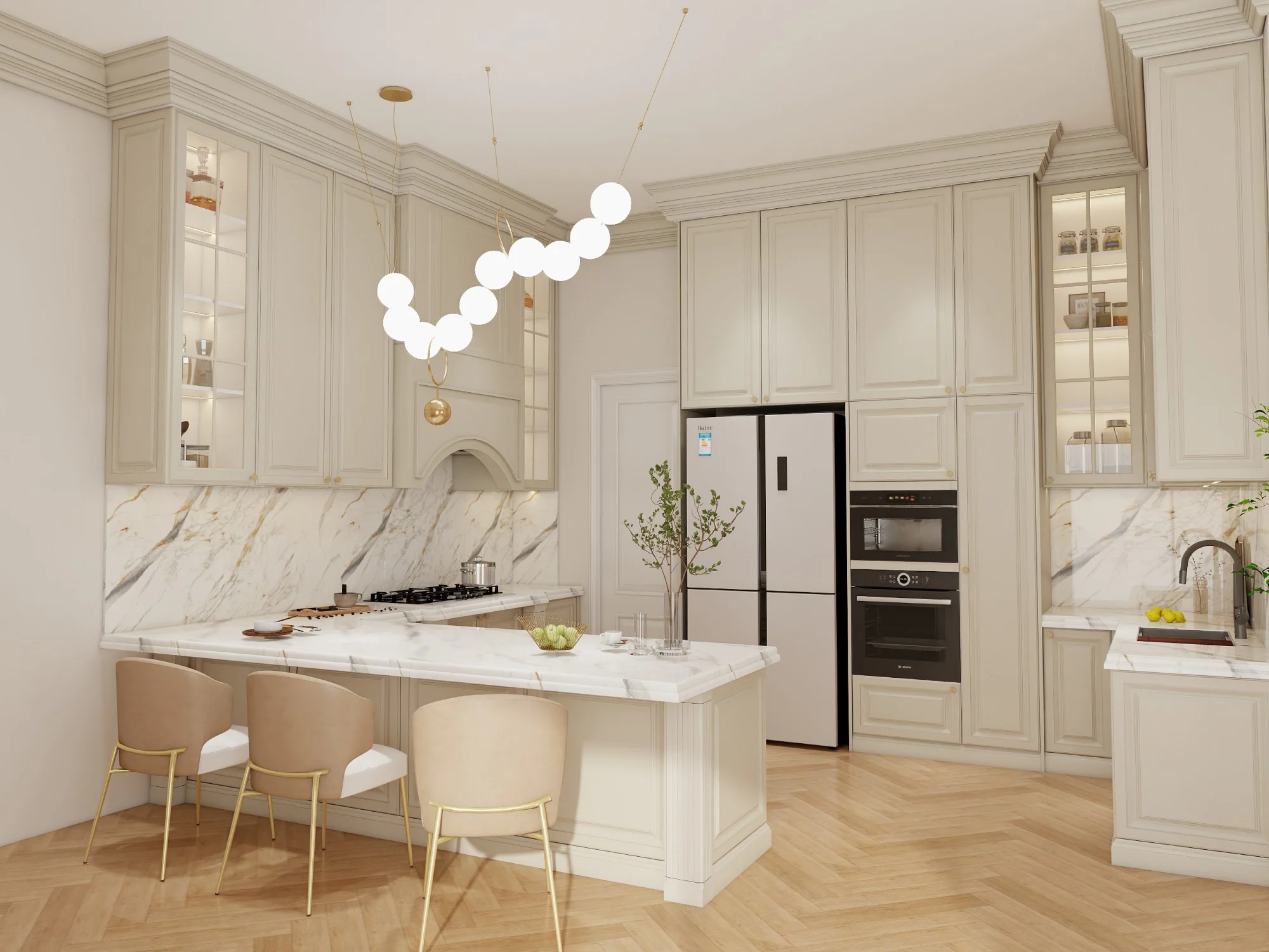 A kitchen with cream-colored cabinets, marble countertops, and soft natural lighting, creating a warm and inviting atmosphere.