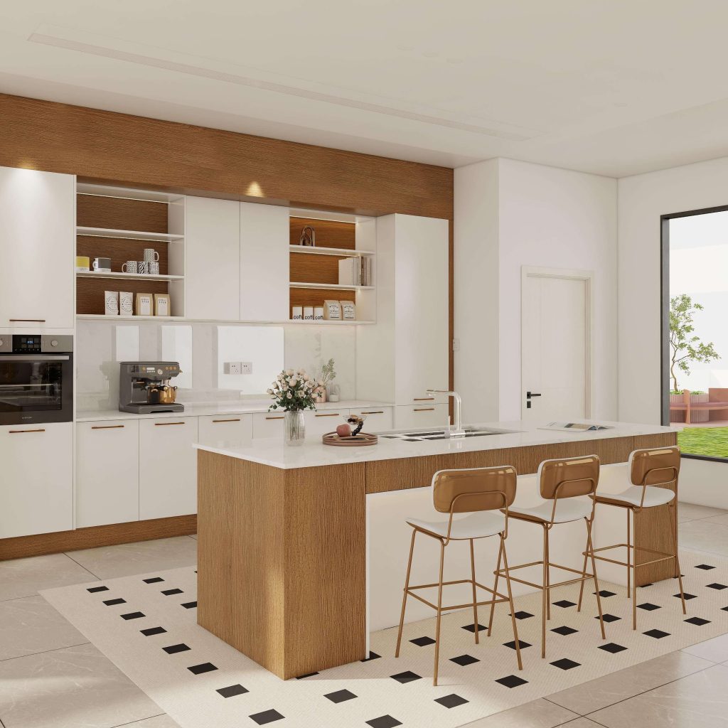 Modern kitchen with environmentally responsible particle board cabinetry made from 100% recycled wood fibers and low-VOC finishes.