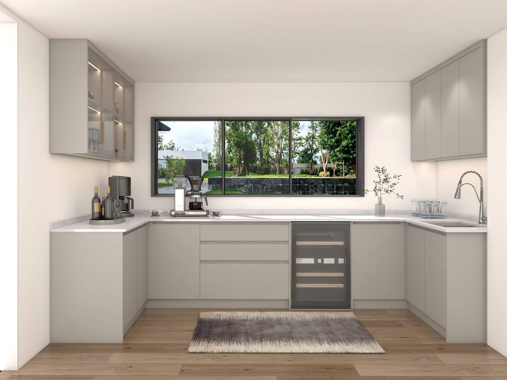 Modern small kitchen with light gray cabinets, stainless steel appliances, and a wine fridge under the counter.